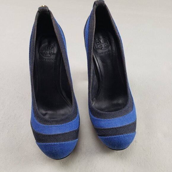 Tory Burch Joelle Wooden Heel Womens 6.5 Blue Fabric Slip On Platform Chunky - Picture 5 of 12